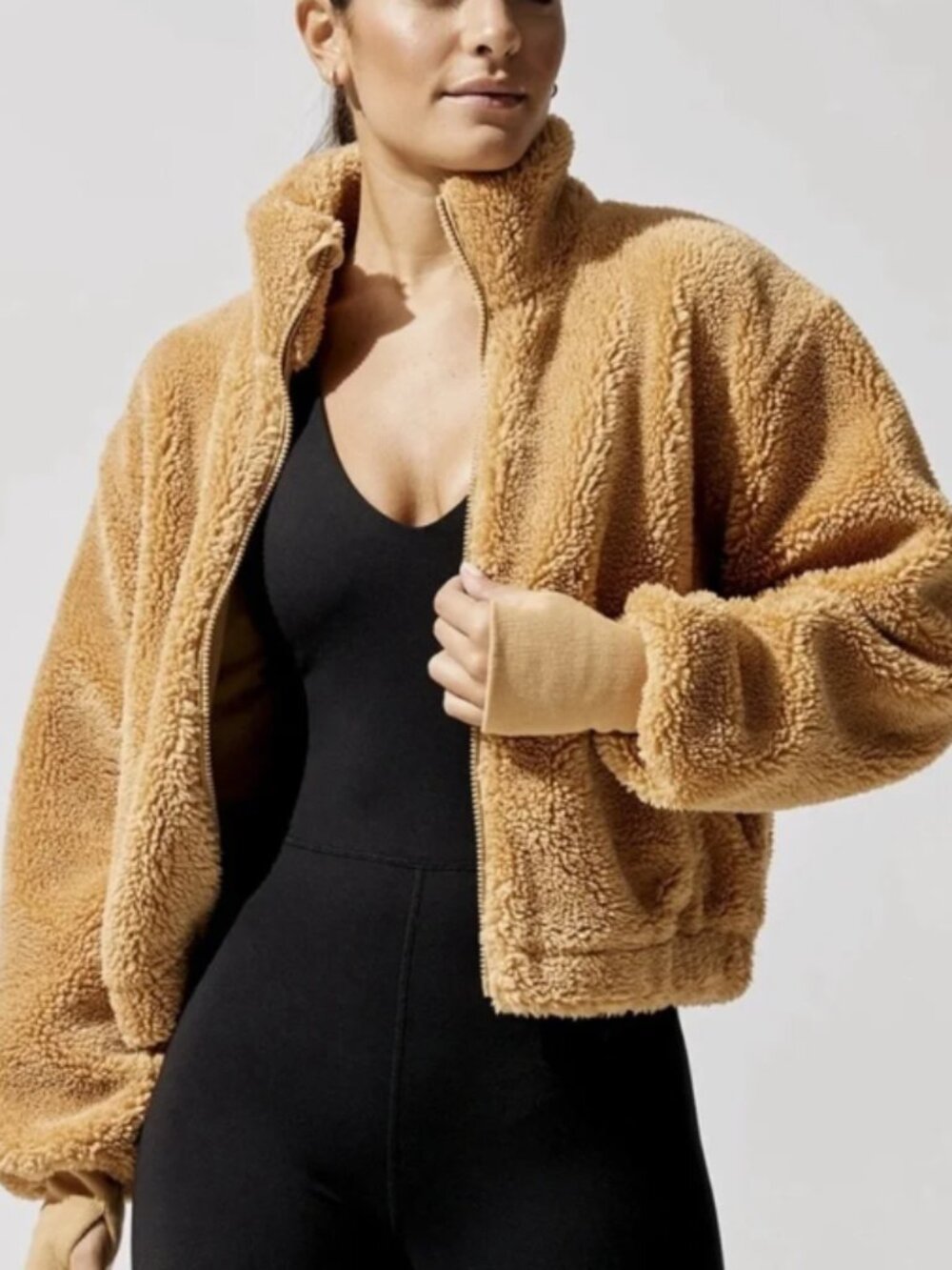 Carbon38 Teddy Zip Up Jacket Tan Women’s Size S Sherpa Fleece Crop Athleisure